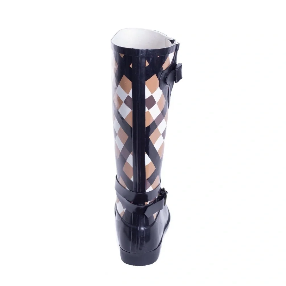 Women Rubber Rain Boots, Brown Checkers Garden Rainboots. NEW